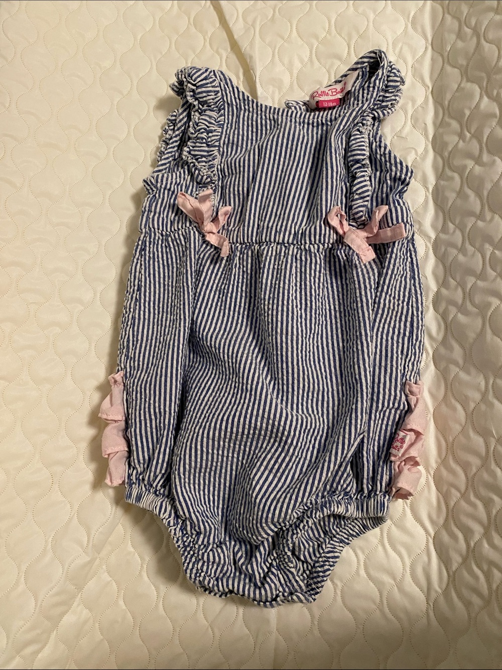 Ruffle Butts Blue & White Striped Ruffle Romper with Pink Bows